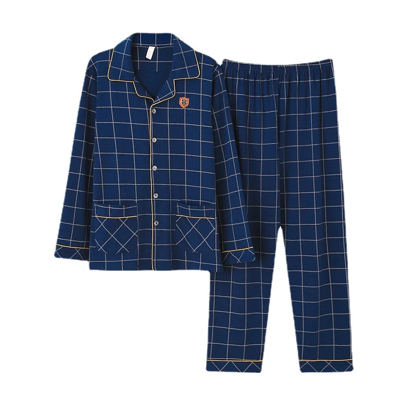 Men's pajamas spring and autumn long-sleeved large size thin pajamas middle-aged plaid home service set large size 4XL