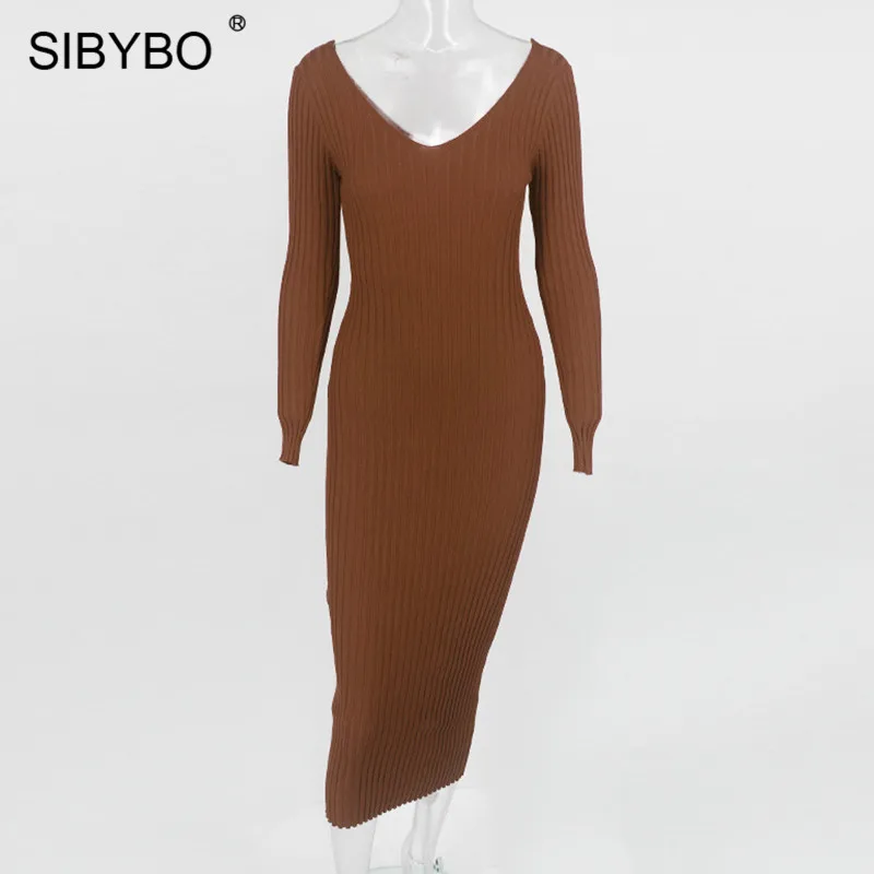 As Shown SIBYBO, зимнее трикотажное хлопковое платье в рубчик, женское сексуальное облегающее платье с открытыми плечами и длинным рукавом, однотонные вечерние платья с открытой спиной - Цвет: As Shown