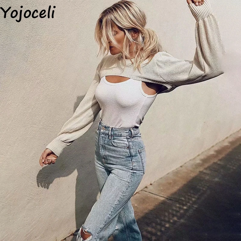 

Yojoceli Sexy hollow out knittted women jumper Autumn beige casual fashion knitting tops Cool daily sweater pullover female