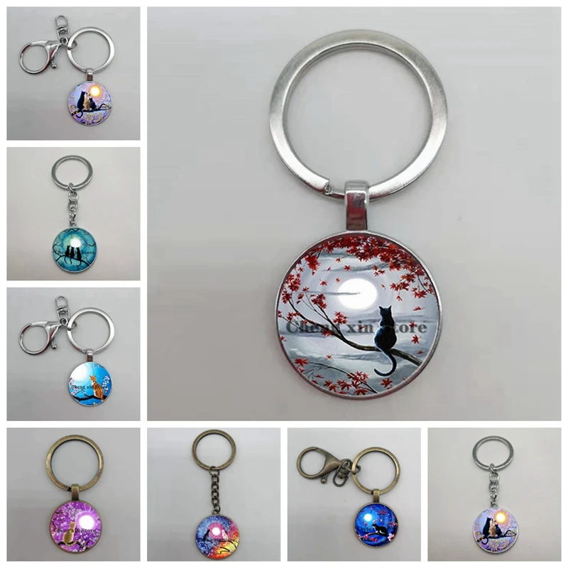 Популярный/Модный Круглый Брелок с подвеской в виде ветки голубой луны и кота