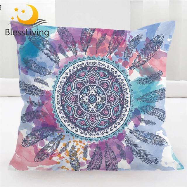 BlessLiving Mandala Feather Decorative Throw Pillow Cover Pink Blue Purple Pillowcase Hippie Square Throw Cushion Cover for Sofa 1