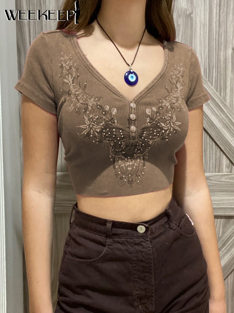 

Weekeep Harajuku Basic Rib Knit Crop Tops Women Sexy Low Neck Short Sleeve Skinny Vintage Floral Print T-Shirt Y2k Grunge Shirts