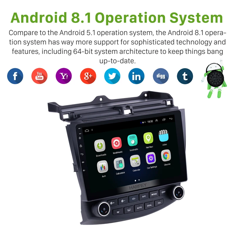 Harfey 10.1&quot Android 8.1 GPS Navigation Bluetooth Head Unit 1024*600 HD Touchscreen Car Radio for Honda Accord 7 2003-2007 Audio |