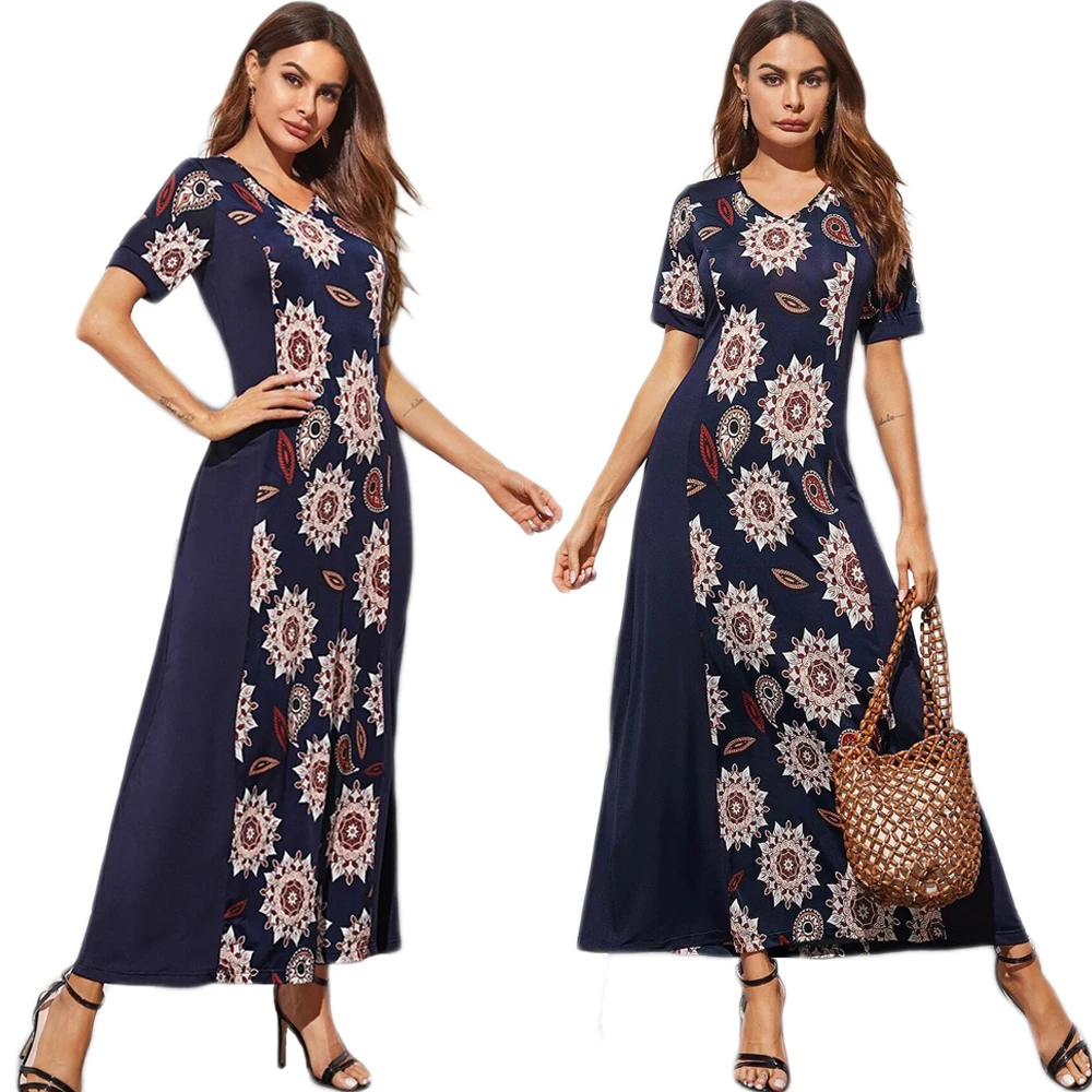 

Ethnic Women Short Sleeve Printed Long Dress Summer V-neck Muslim Abaya Arab Jilbab Slim Islamic Vestido Turkish Malaysia Elbise