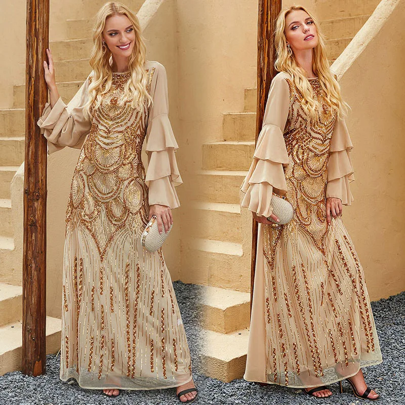 

Женское платье с длинным рукавом Abaya, летнее тонкое платье с золотыми блестками и вышивкой, с оборками, для вечевечерние