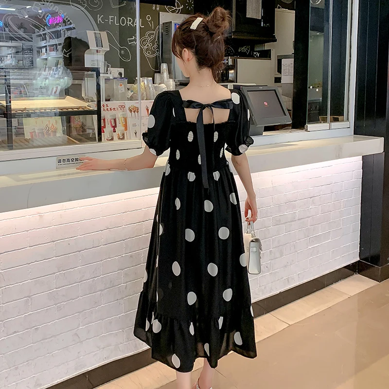 Vestido largo de maternidad A la moda coreana para mujer embarazada, ropa elegante de corte en A para embarazo, dulce lunares, verano, 9398, #2021-3