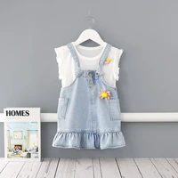 midoo girls sets childrens clothing cute floral brooch sleeveless tops vest denim suspender skirts casual summer kids clothes