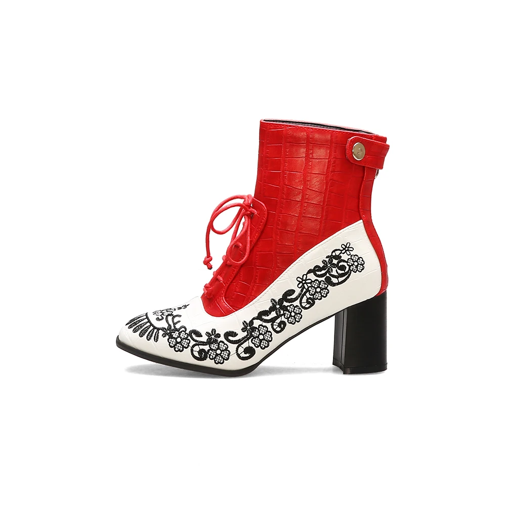 Retro Printed Booties Leather Women Ankle Boots Embroidery High Heels Casual Woman Shoe Zipper Vintage Female Footwear Boot 37