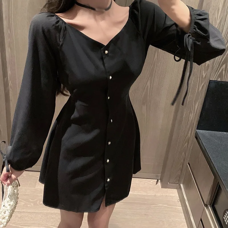 

Women Spring Summer Retro Age-reducing Elegant Single-breasted Waist And Thin Puff Sleeve Dress