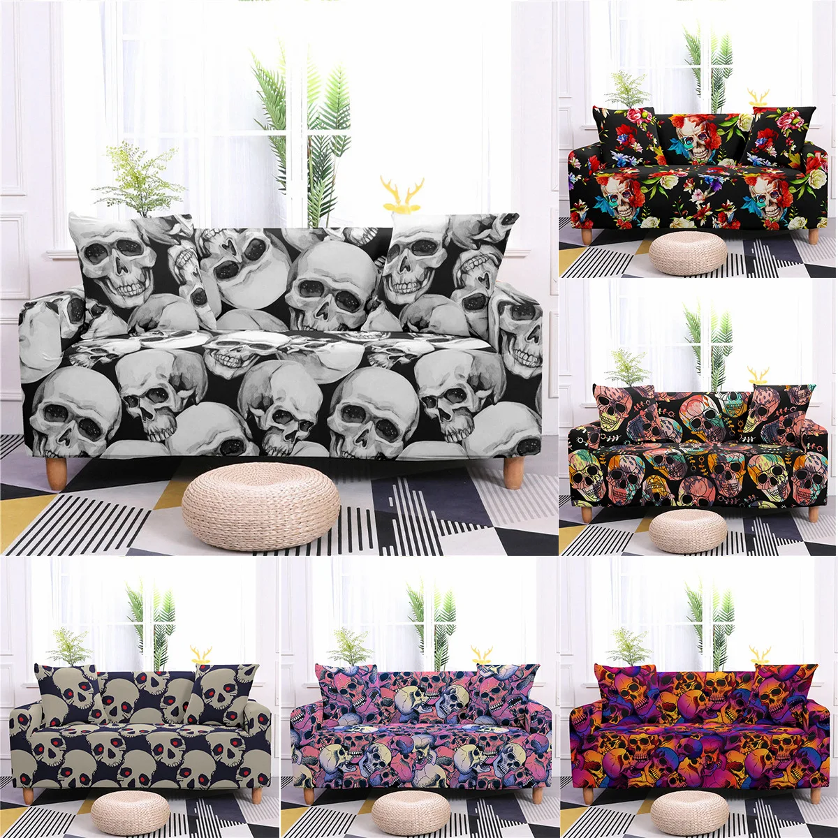 

Horror Skeleton Printed Stretch Sofa Cover Couch Cover for Living Room Corner Sectional L Shaped Sofa Cover 1/2/3/4 Seater