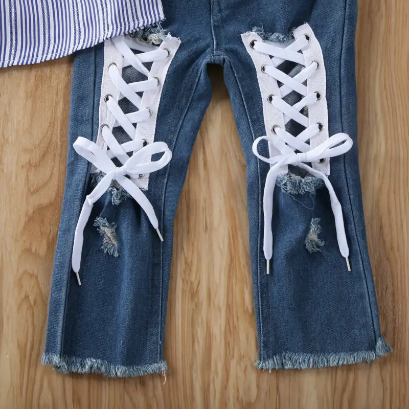 2020 New Toddler Clothes Girls Kids Flower Off Shoulder Tops Denim Trousers Jeans Children Girl 2PCS | Детская одежда и обувь