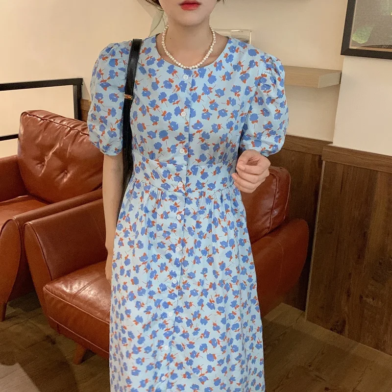 

2021 Retro Elegant Fresh Water Blue Floral High Waist Slim Round Neck Puff Sleeve Mid-Length Dress Vestidos