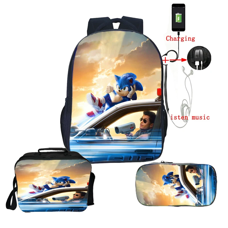 

Sonic Backpack Boys Girls School Bags Teens Bookbags Students Gift 3pcs/Set USB Charge Travel Backpack Pencil Bag shoulder Bag