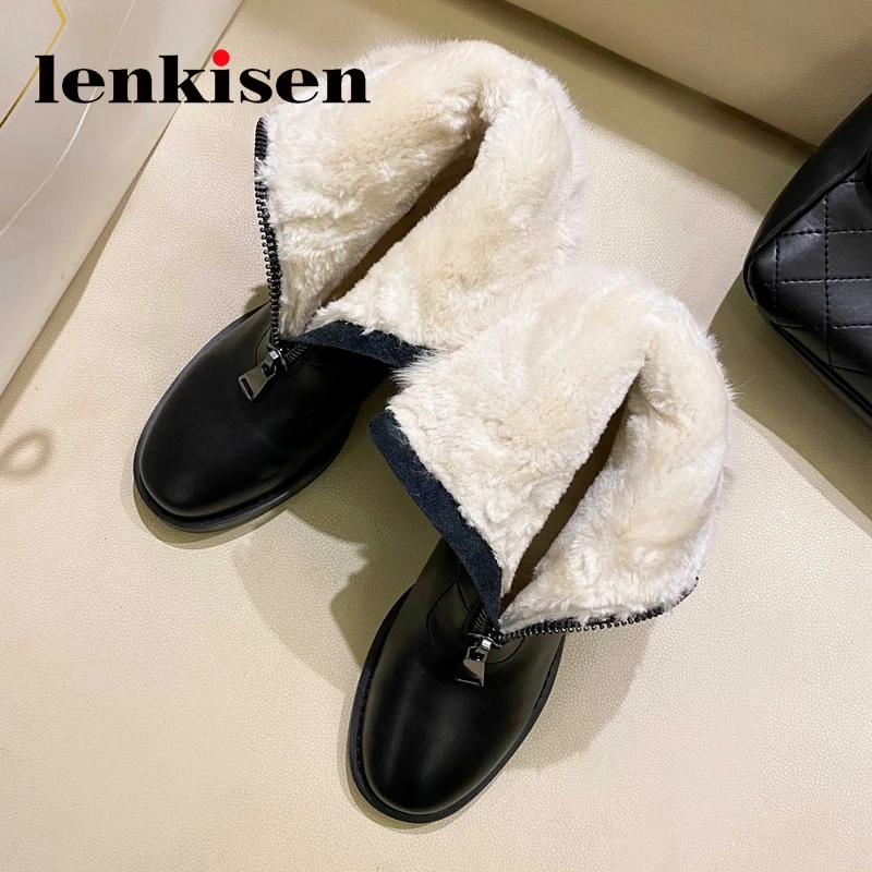 

Lenkisen 2022 new recommend cow leather round toe high heels snow boots winter warm front zip comfortable basic ankle boots L0f6