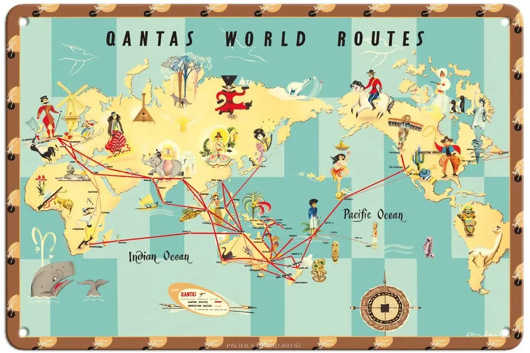 

Island Art Qantas Empire Airways - World Routes Map Poster by Anne Drew c.1950-8in x 12in Vintage Metal Tin Sign