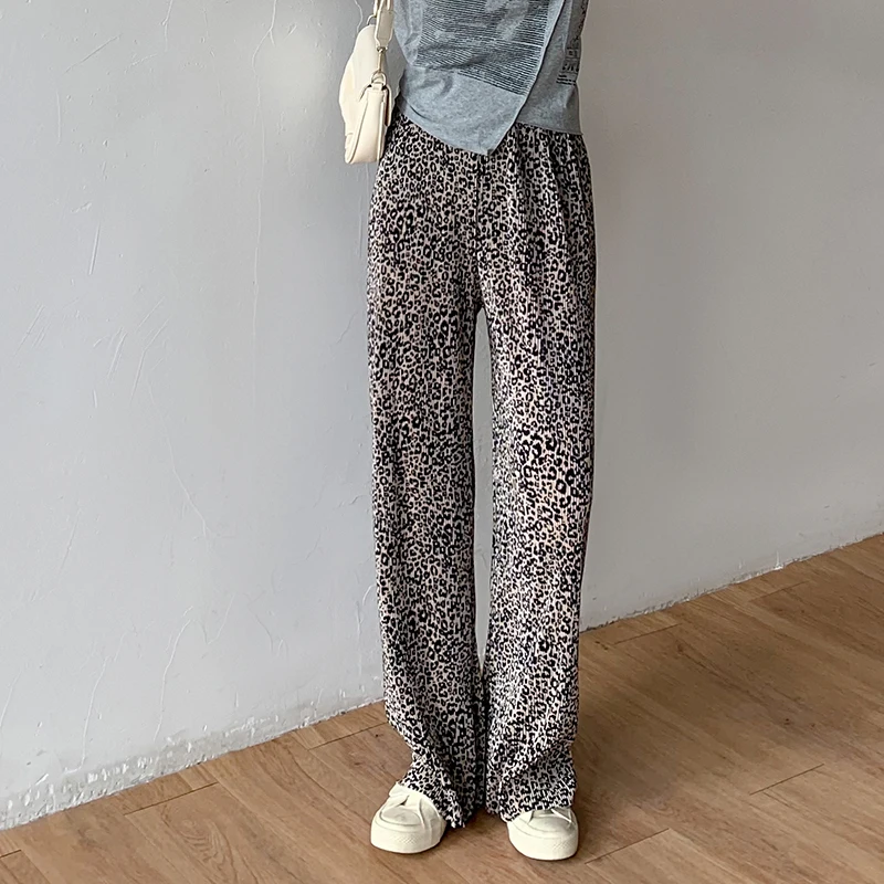 

Casual Pants Women's Summer 2021 New Leopard Pattern Loose Wide Leg Trousers Straight Tube High Waist Long Pants Soft Elastic