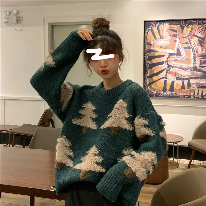 

2021 Autumn and Winter New Lazy Wind Hedging Green Loose Thick Coat Knitted Christmas Sweater Women Foreign Style