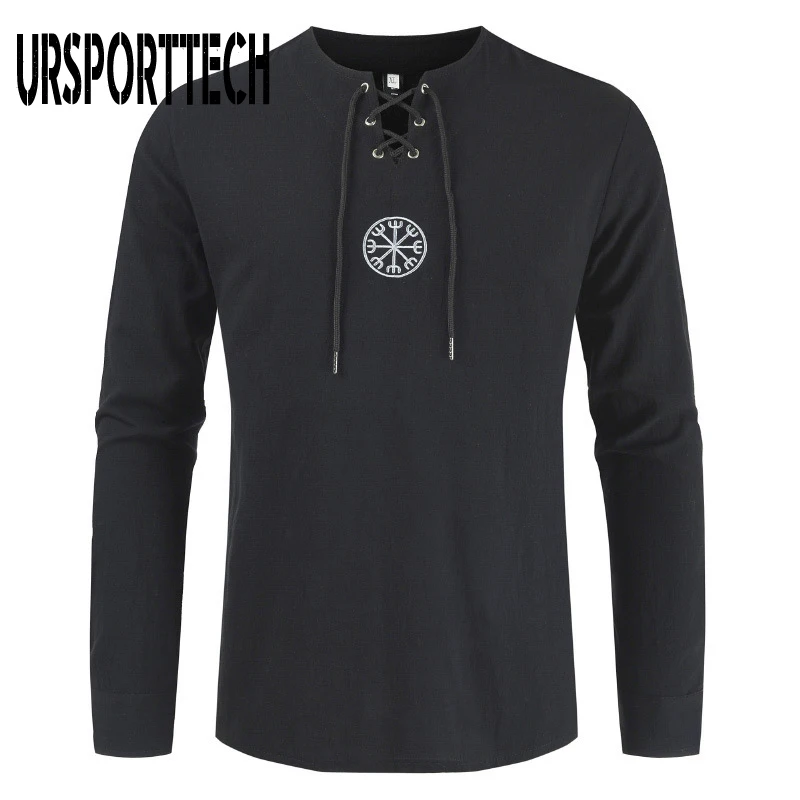 URSPORTTECH Cotton Linen Men's Shirt Top Ancient Viking Embroidery V Neck Long Sleeve Shirt Tops For Mens Clothing Plus Size 4XL