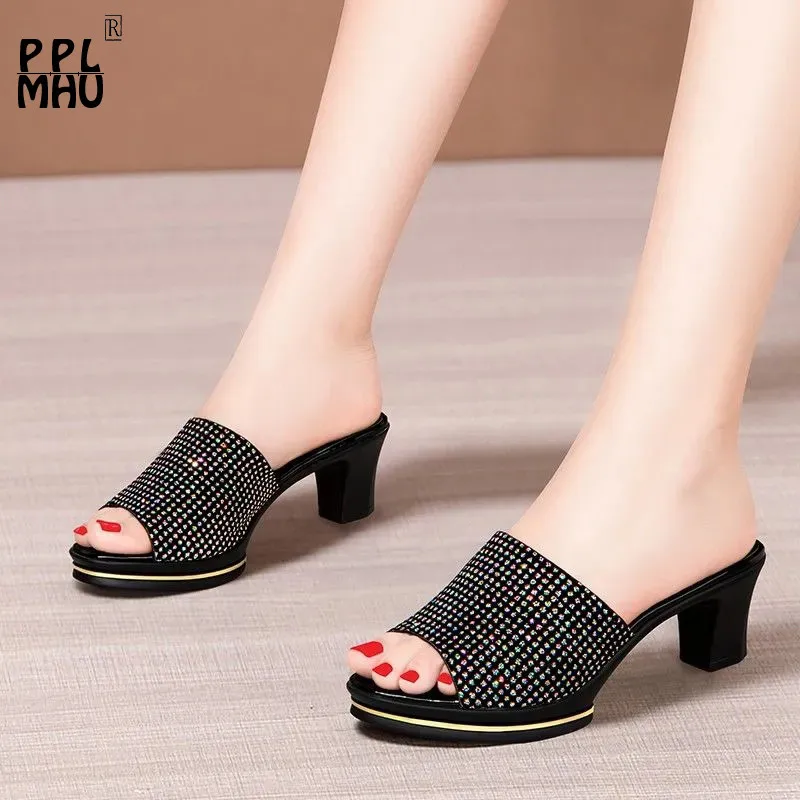 

Black Rhinestone Office Shoes PU Leather Platform Non-Slip Outside Slides Fashion Open-Toes Summer Sexy High Heel Party Shoes