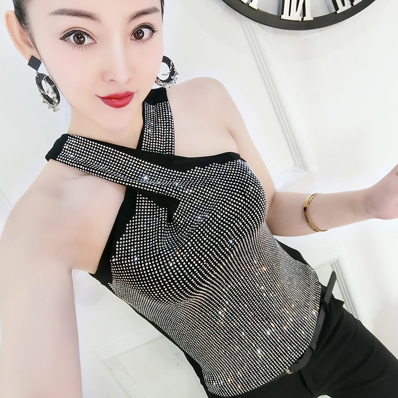 2020 Summer Tank Top Women's Sexy Halter Shirt Hot Drill Diamond Outer Wear Sleeveless Ladies Sext Tops | Женская одежда