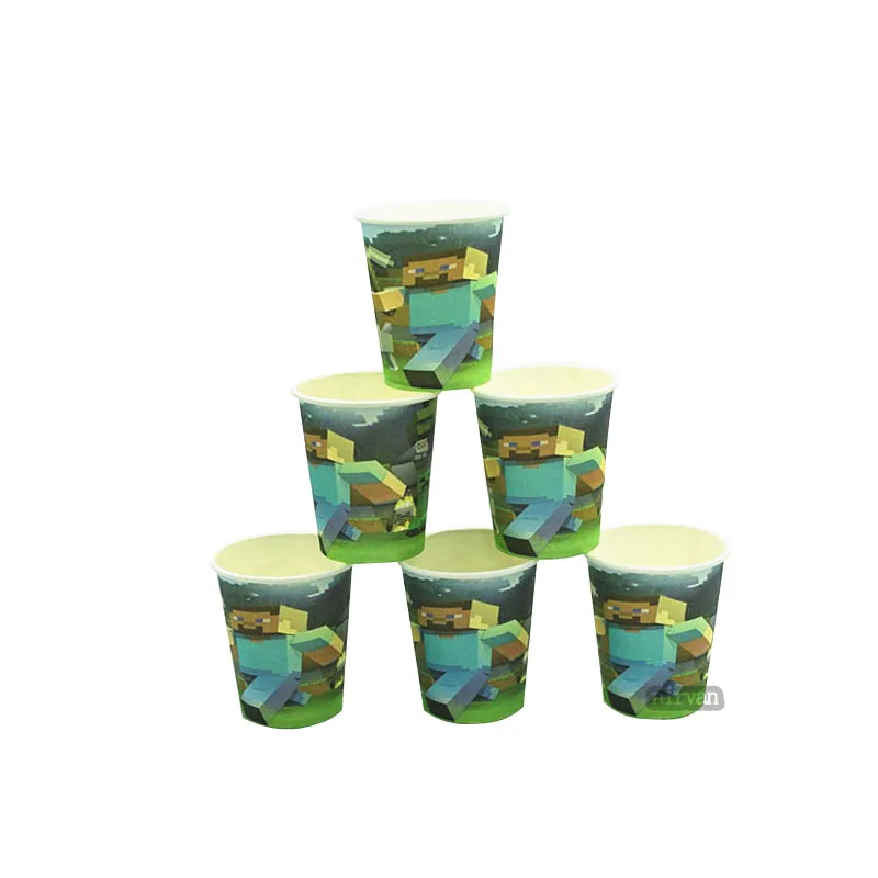 10cups+10plates cartoon mining pixel game pattern kids boys girls birthday party disposable tablewares set supplies baby shower | Дом и сад