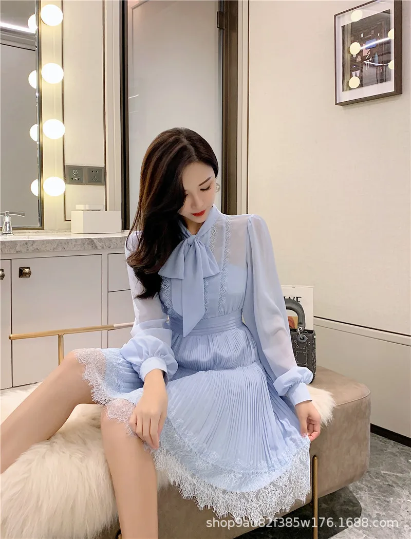 

2021 Spring and Summer SP New Long Sleeve High Waist Slim Chiffon Elegant Lace Edge Light Blue Pleated Dress for Women