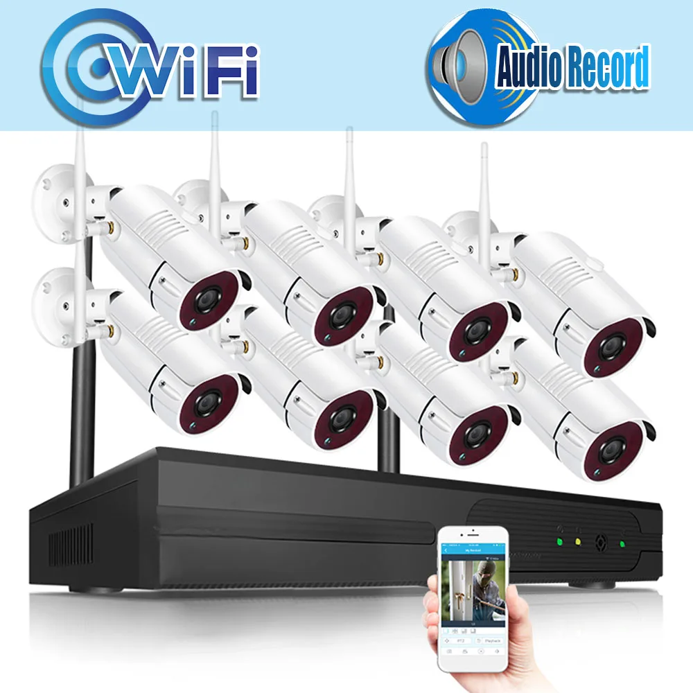 960P NVR 8CH CCTV Системы 8 шт ИК Открытый P2P Беспроводной IP Wi-Fi звук записи