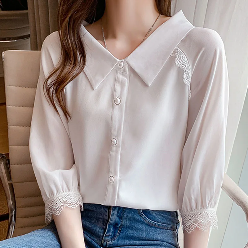 2021 осенние белые женские блузки Корейская одежда шифоновая рубашка с