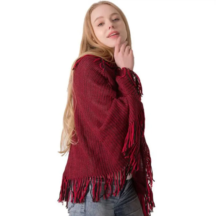 

Autumn and winter warp knitted bat sleeve lapel sweater ladies tassel knitted sweater pullover cloak shawl