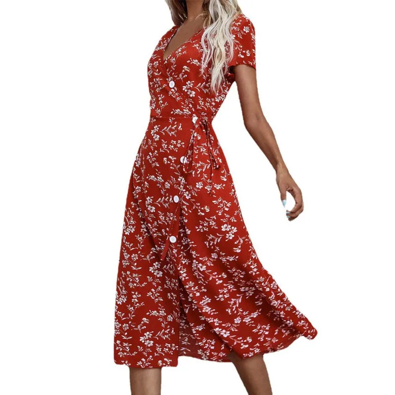 

Женское облегающее платье с V-образным вырезом, красное летнее платье с рукавом летучая мышь и цветочным принтом