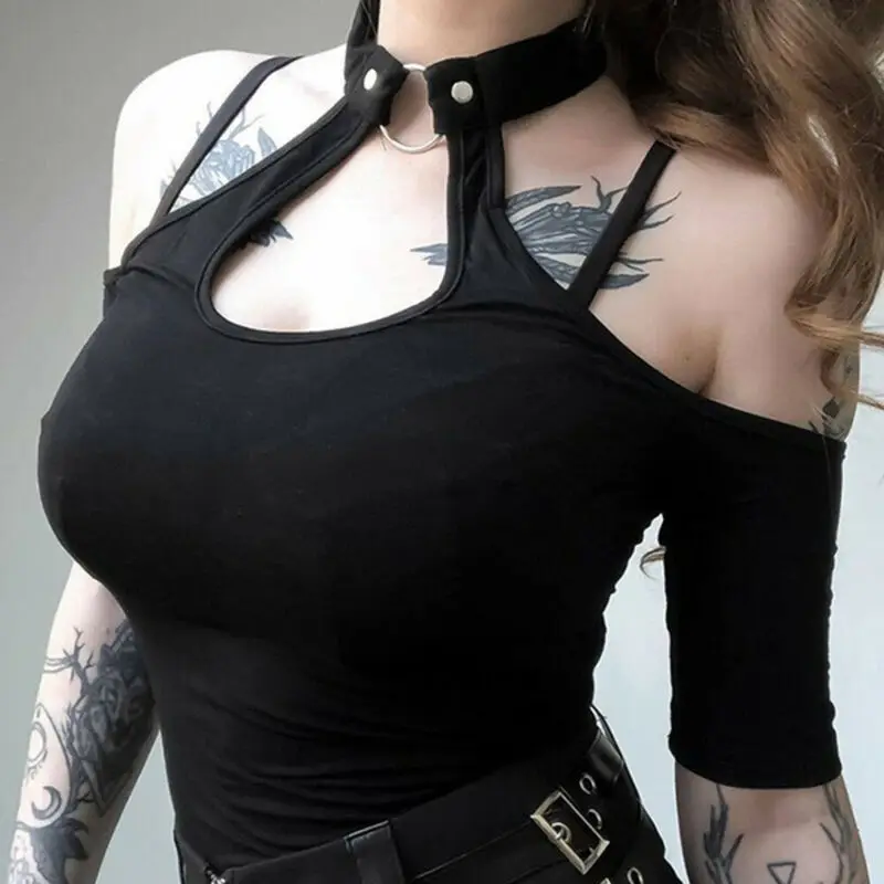 Gothic Black Sexy T Shirt With Choker Women Short Sleeve Top Off Shoulder Solid Halter Top Buckle Neck Punk t Shirts