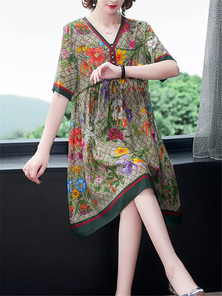 

Chikichi 2020 Summer New Women's French Floral Print Dresses V-neck Short Sleeve Loose Mid-length Plus Size Party Dress