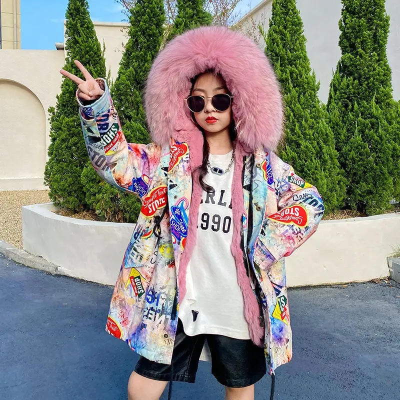 Thick Warm Jacket For Boy And Girl Pie Overcome Fur Liner Rex Rabbit Fur Detachable Coat Fashion Parka Winter Clothes New 2021