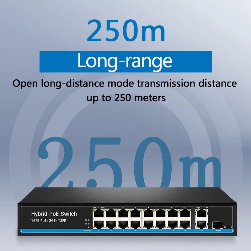 16 портов PoE коммутатор для ip-камеры с 2 портами 1000 м uplink 1 порт SFP PoE Ethernet коммутатор PoE 48 в коммутатор