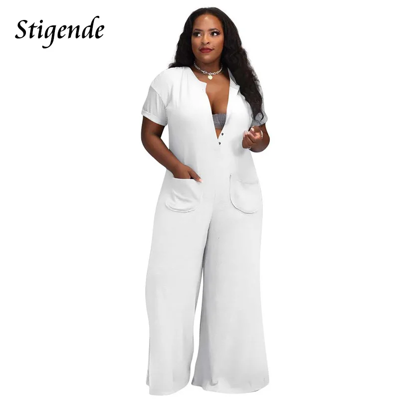 

Женский однотонный комбинезон на пуговицах, с коротким рукавом и широкими штанинами