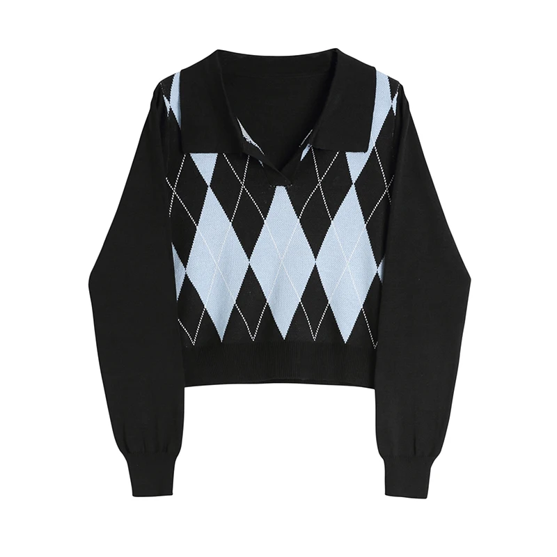 

Short Knitted Sweaters Women Hedging Top College Style Diamond Knit Sweater Women's Short Fall 2021 New British Style Top Thin