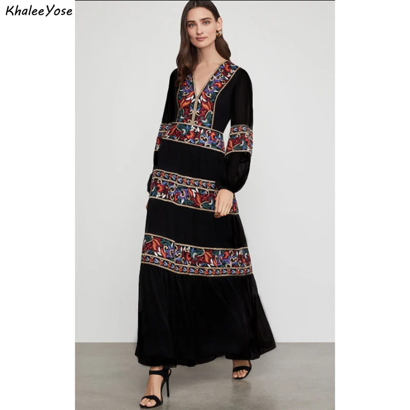 Khalee Yose Floral Embroidery Maxi Dress Autumn Boho Vintage Chic  Women Dresses Long Sleeve V-neck Ethinic Hippie Ladies Dress