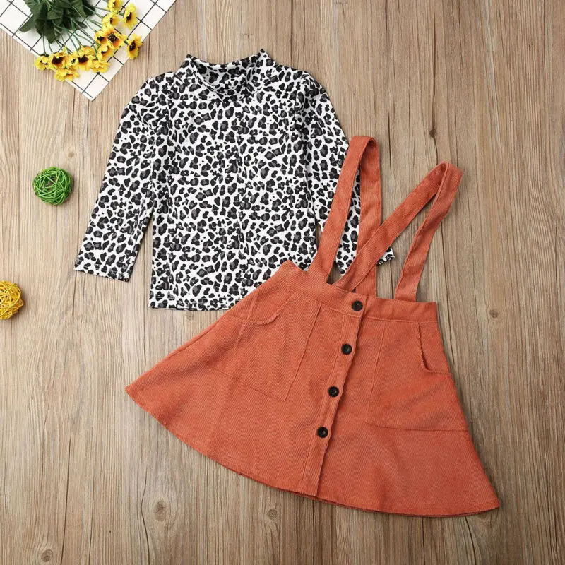 2020 Baby Spring Autumn Clothing Kid Girl Clothes Long Sleeve Leopard Top T-shirt Overall Strap Dress Outfit Set 1-5T |
