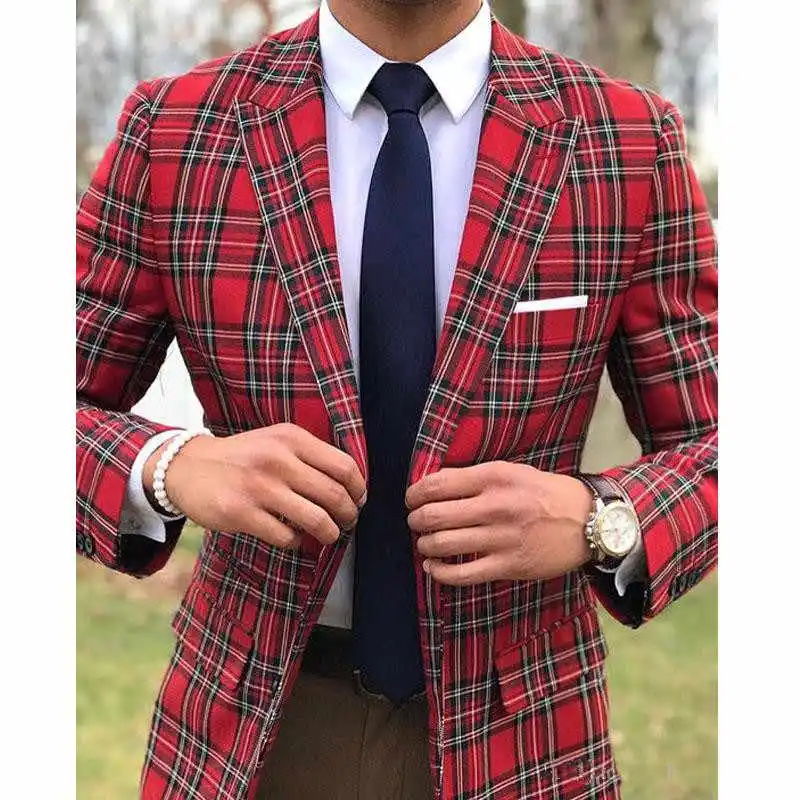 Шотландский плед мужские свадебные костюмы в стиле смокинга жениха Slim Fit Мужской