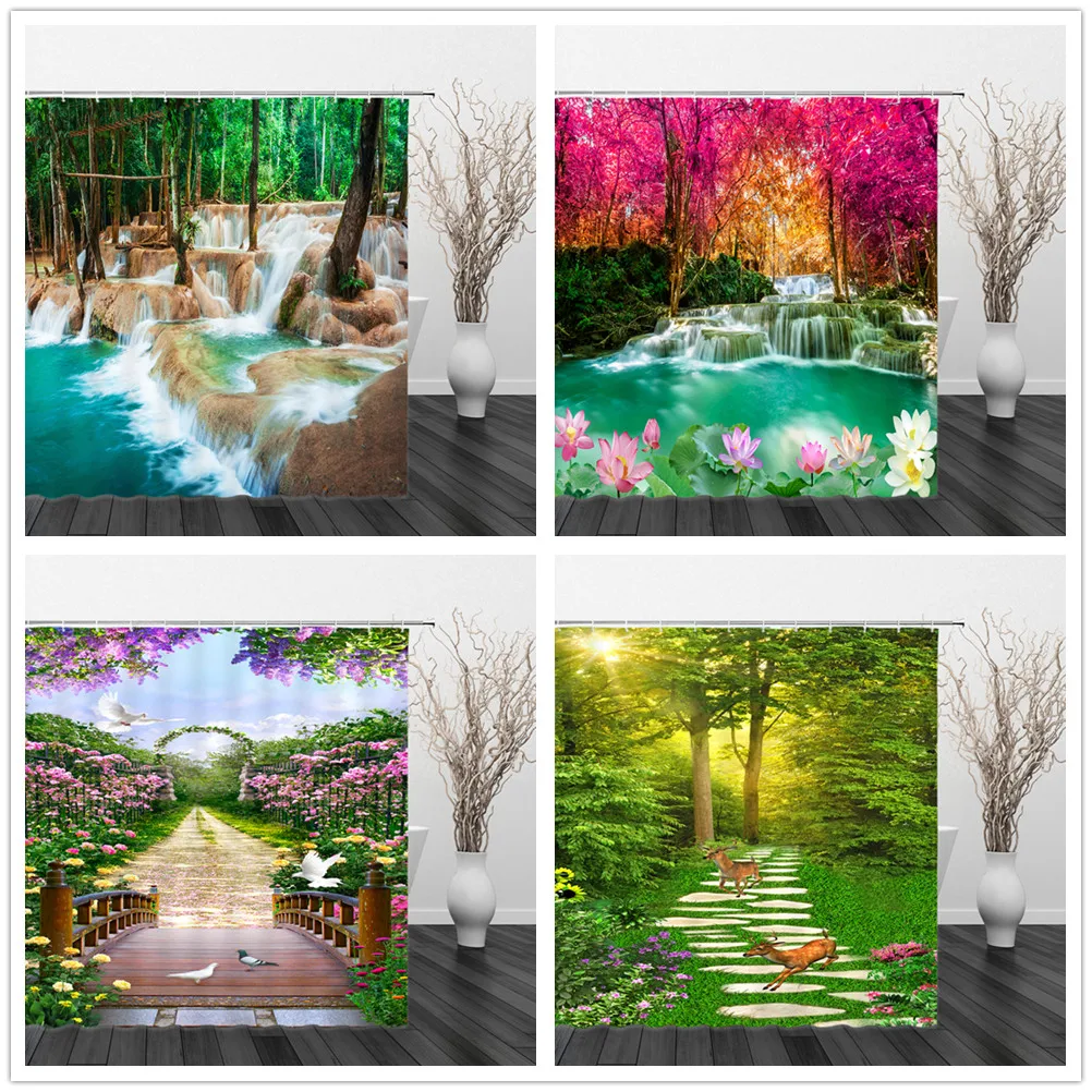 

Modern 3D Print Scenery Forest Shower Curtain Green Plant Tree Waterfall Landscape Bath With Hooks Bathroom Home Waterproof