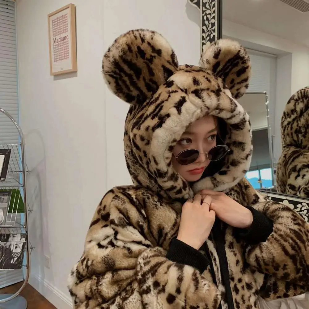 

High Quality Furry Hooded Faux Fur Coats and Jackets Women Fluffy Top Coat with Hooded Ear Winter Fur Jacket manteau femme