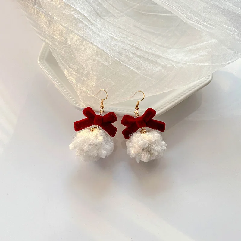 

Earrings 925 Silver Needle Wine Red Bow Christmas Earrings Female Autumn And Winter New Fashion Jewelry Lamb Hair Ball Wholesale