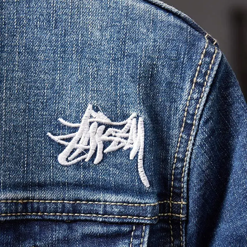 Джинсовая куртка мужская ковбойская приталенная куртка-бомбер из денима рваные