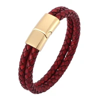 double layer retro red braided leather bracelet men stainless steel magnetic clasp bangles fashion jewelry male wrist band gifts