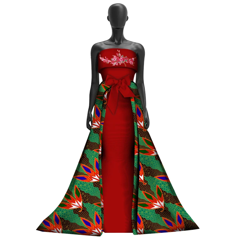 Women Applique Long Trailing Dresses Bazin Riche African Bowknot Print Off Shoulder Dresses for Women African Clothing WY3019