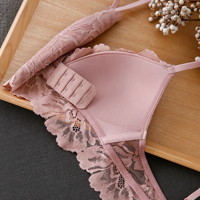 

High Quality Women Sexy Bra Sets Wireless Lace Bra And Panty Set Thin Cup Push Up Deep V Cotton Underwear Bralette Pink Lingerie