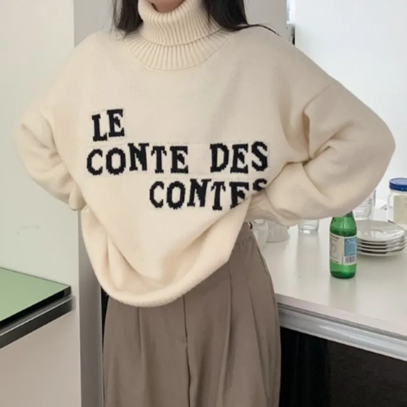 

Gentle Design Loose Letter Embroidery Pullover Sweater Winter High Neck Loose Knit Women
