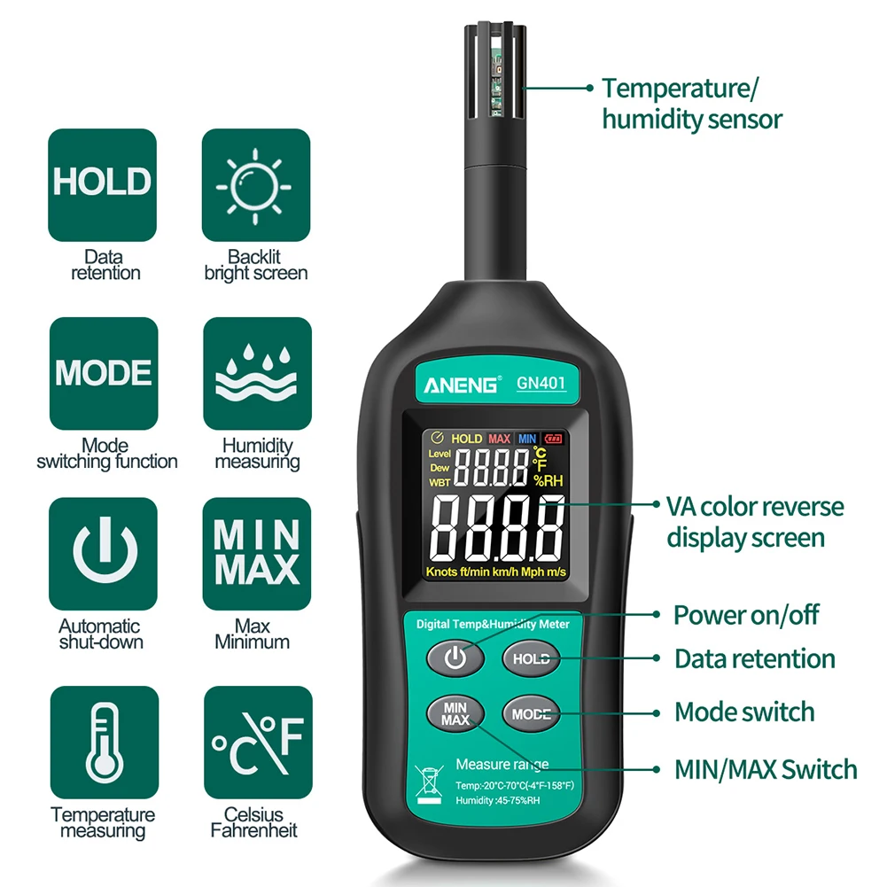 

GN401 Mini Temperature Humidity Meter Handheld No Touching Precision Digital Air Thermometer Hygrometer Gauge Tester