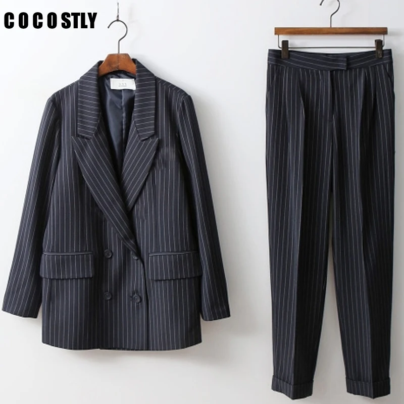 Женский офисный костюм двубортный блейзер в полоску и брючные костюмы высокое