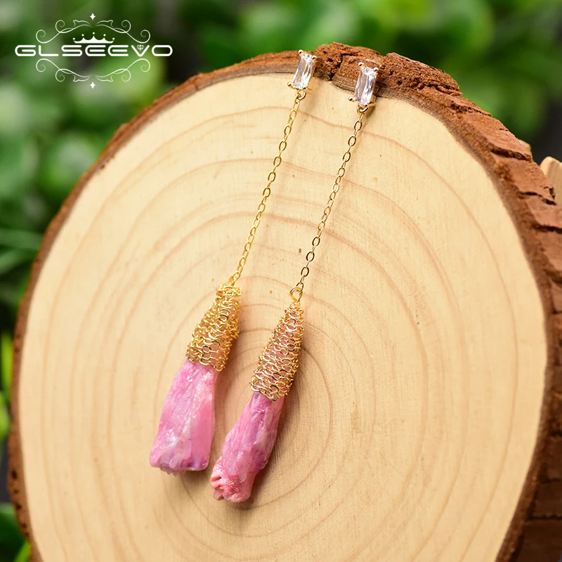 

GLSEEVO Lrregular Water Drop Pink Crystal Long Drop Earrings For Women Girl Minimalist Luxury Fine Jewellery Oorbellen GE0791B